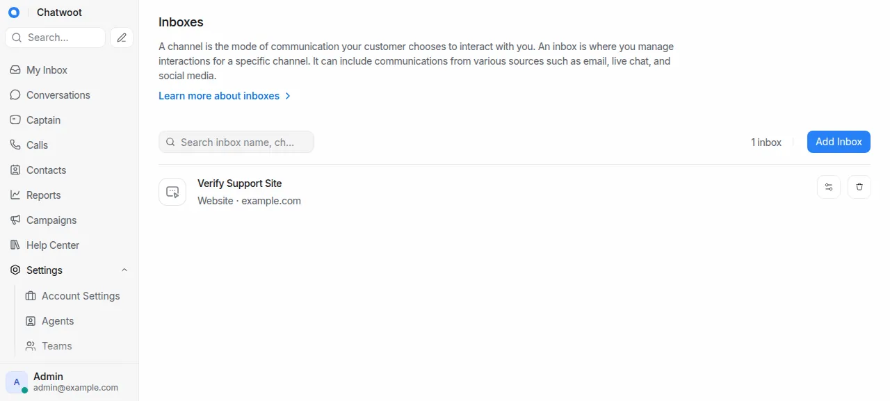 The Chatwoot Inboxes settings listing the new website inbox Verify Support Site