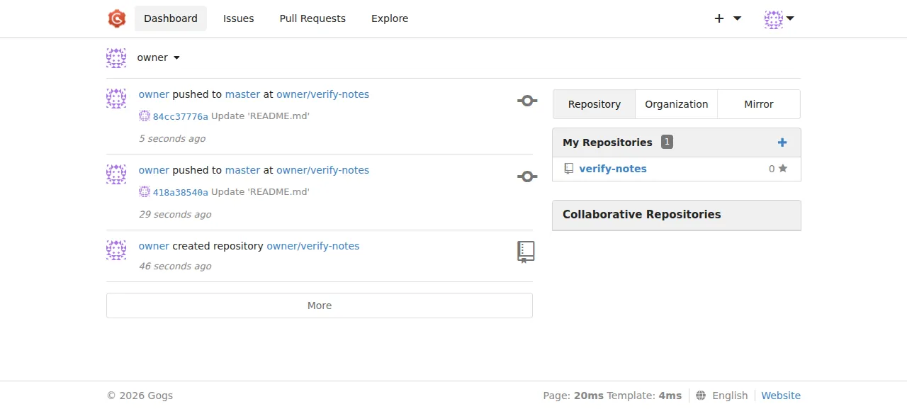 The Gogs dashboard listing the new repository verify-notes and its two README commits