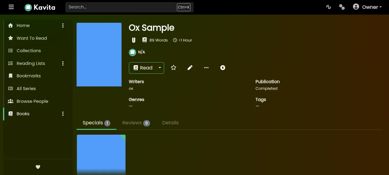 The Kavita series page of the sample book Ox Sample after the library scan