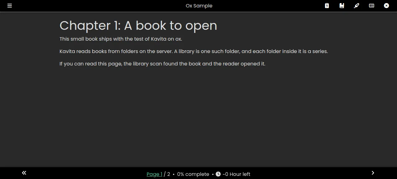 The first chapter of the sample book open in the Kavita reader