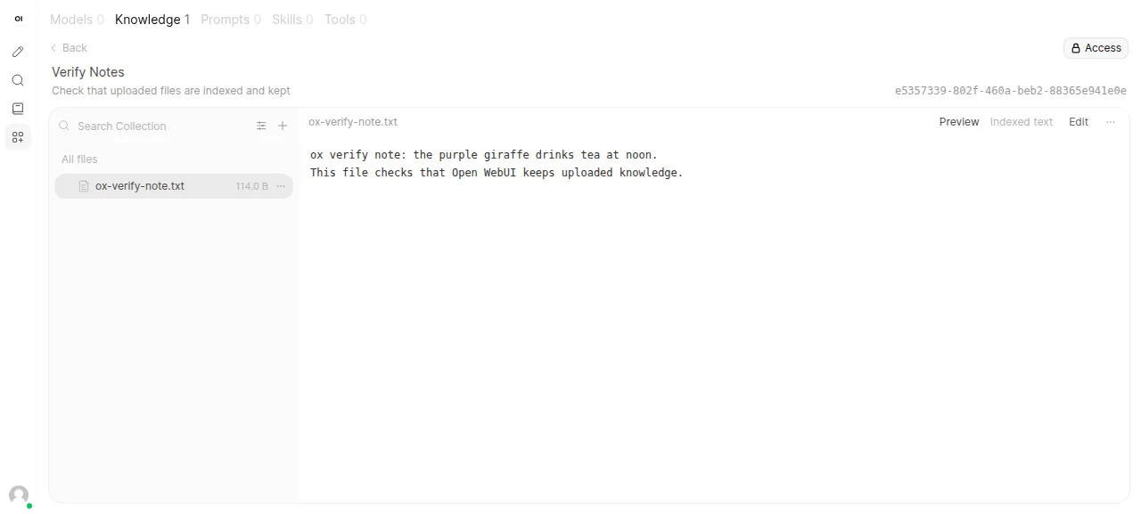 A Verify Notes knowledge collection with an uploaded text file