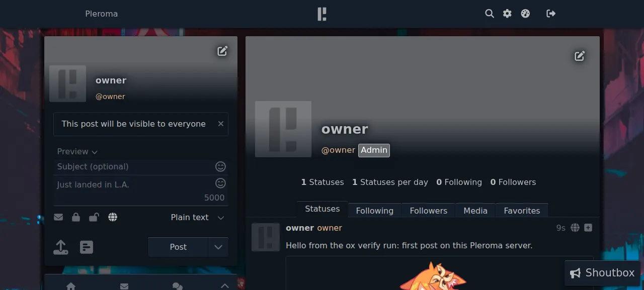 The owner profile showing the first post on the server