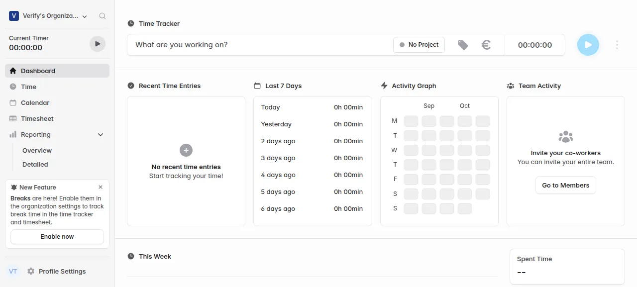 The solidtime dashboard after logging in