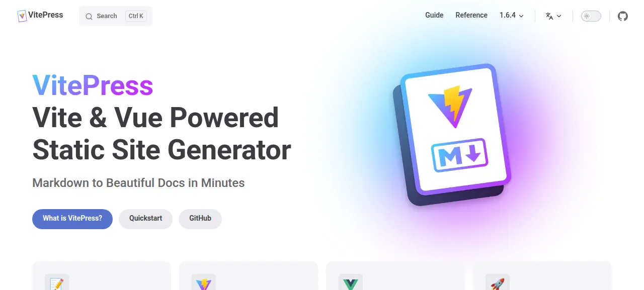The VitePress docs site's home page as built and served